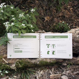 burrow brand standards booklet opened to the logo selection and logo marks pages
