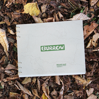 burrow brand standards booklet cover laying on a bed of fallen leaves