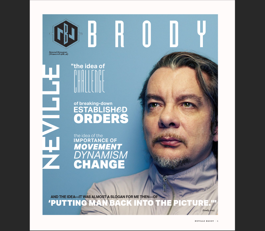 magazine cover with a portrait of a young neville brody and a large quote