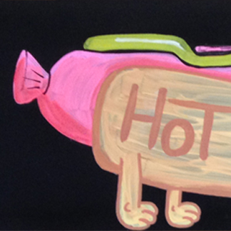 calender chalkboard for hot dog days of summer and the month of august, featuring a long pink anthropomorphic hot dog with sunglasses and a mustard pompadour