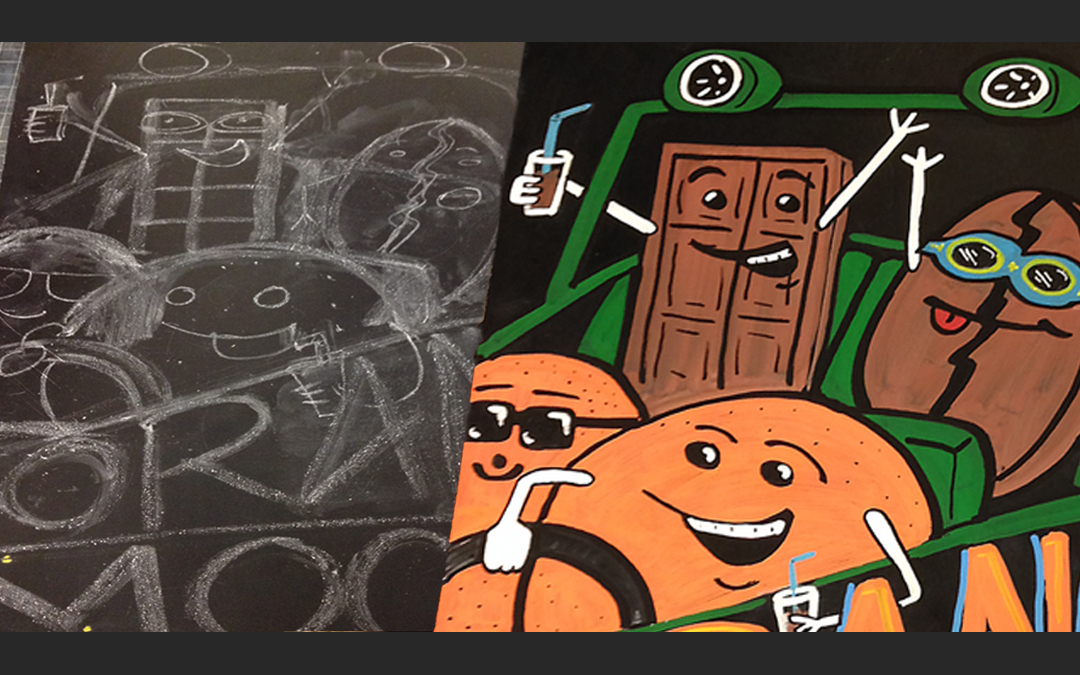 the sketch and colored illustration of a chalkboard for frozen yogurt