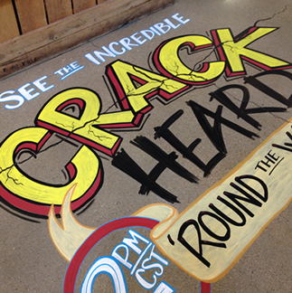 the underdrawing and final details of a floor chalk for the crack heard 'round the world parmesan event
