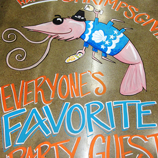 everyone's favorite party guest floor chalk for shrimpsgiving, a shrimp wearing a nautical themed ugly sweater and a pilgrim hat, eating appetizers and drinking white wine