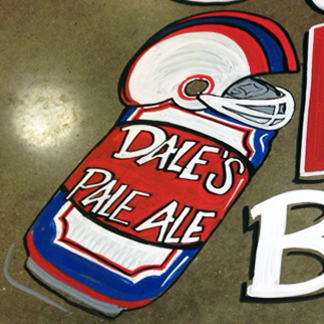 floor chalk alluding to a very popular sporting event, featuring beers local to each team facing off in football helmets